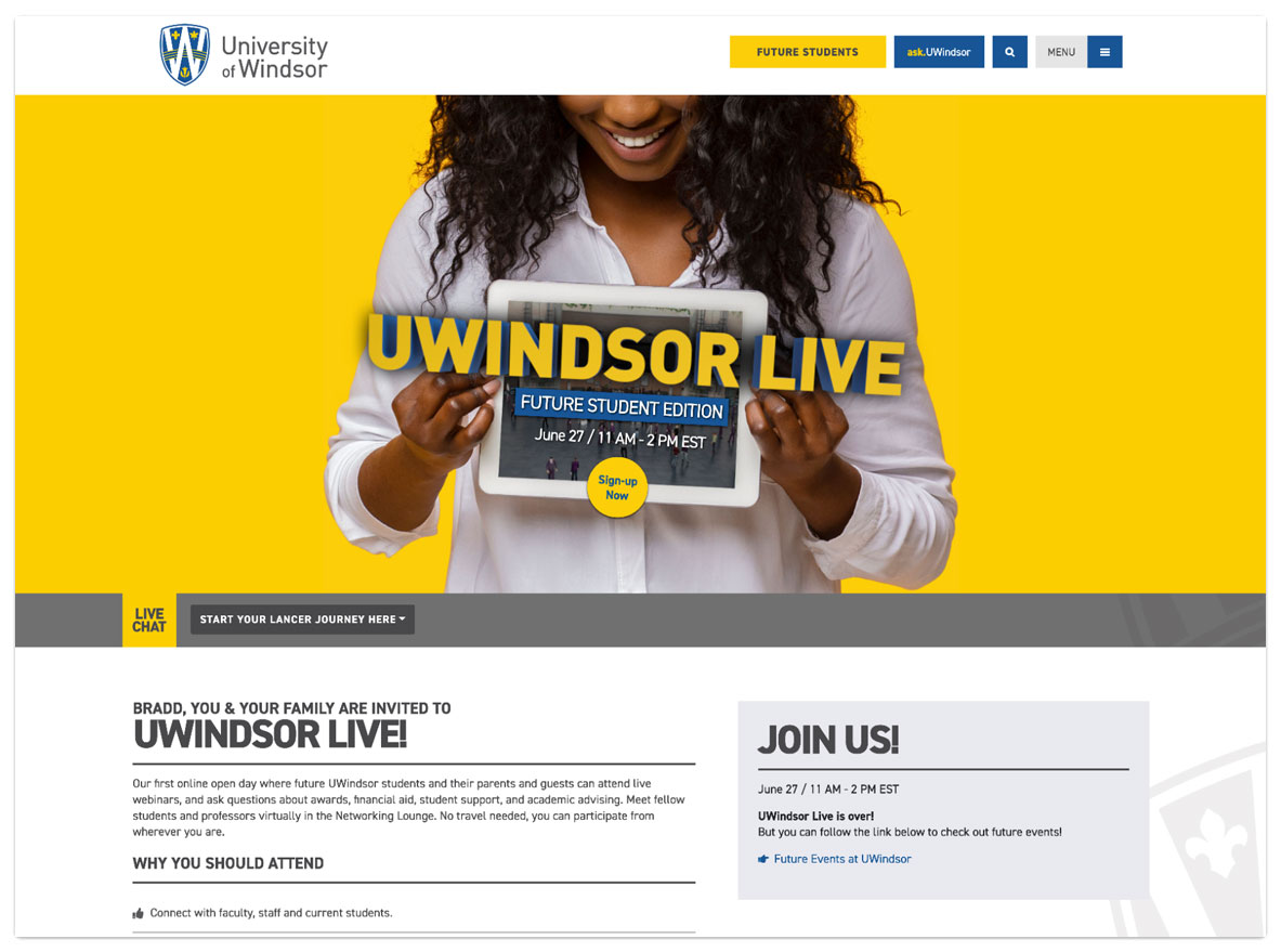 University of Windsor - Open House - Virtual Open Day - UWindsor Live - Desktop